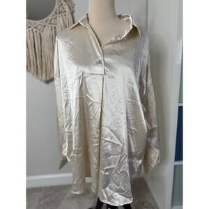 Entro Women's Cream Ivory White Satin Collared Button Top Blouse XL Holiday NWT